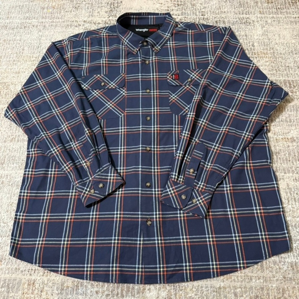 Wrangler Riggs Workwear Shirt Men XXL Blue Plaid Long Sleeve Stretch Button Down